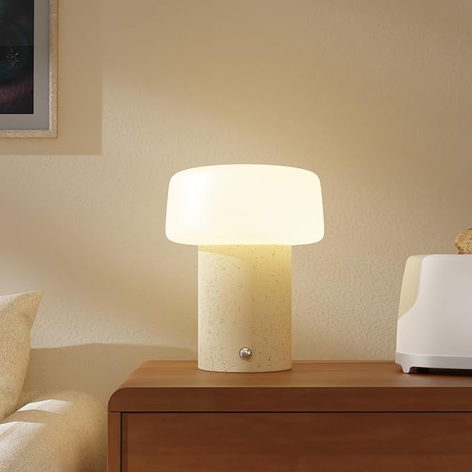 7 inch Mushroom Lamp, Cute Cordless Rechargeable Table Lamp with Glass Shade, 3 Color Temps LED Dimmable Ambient Lighting, Small Retro Touch Bedside Light for Decor, Resin Base.