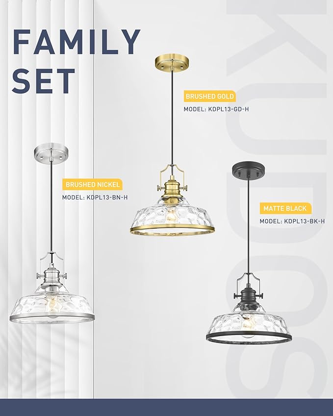 kudos Pendant Lights Kitchen Island, 11" Large Brushed Nickel Kitchen Island Lighting with Clear Hammered Glass Shade, Industrial Hanging Light Fixture for Kitchen Sink Dining Room, KDPL13-BN-H