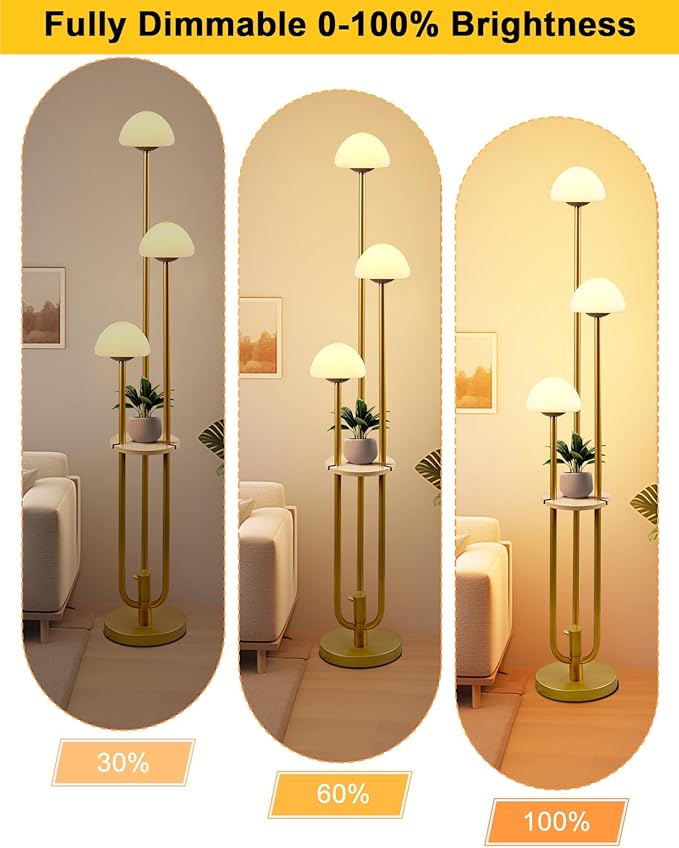 Lightdot Gold Dimmable Floor Lamp with Table, Modern Floor Lamps for Living Room, 3000K Tall Standing Lamp with Mushroom Shades& Bulbs Included for Bedroom/Office//Sofa Beside/Corner Decor