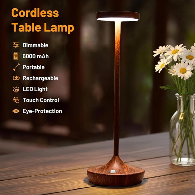 Cordless Table Lamp Rechargeable - 6000mAh LED Battery Operated Table Light - Portable Touch Dimmable Outdoor Waterproof Table Lamps for Patio Bar Restaurant Dining (2 Woodgrain)