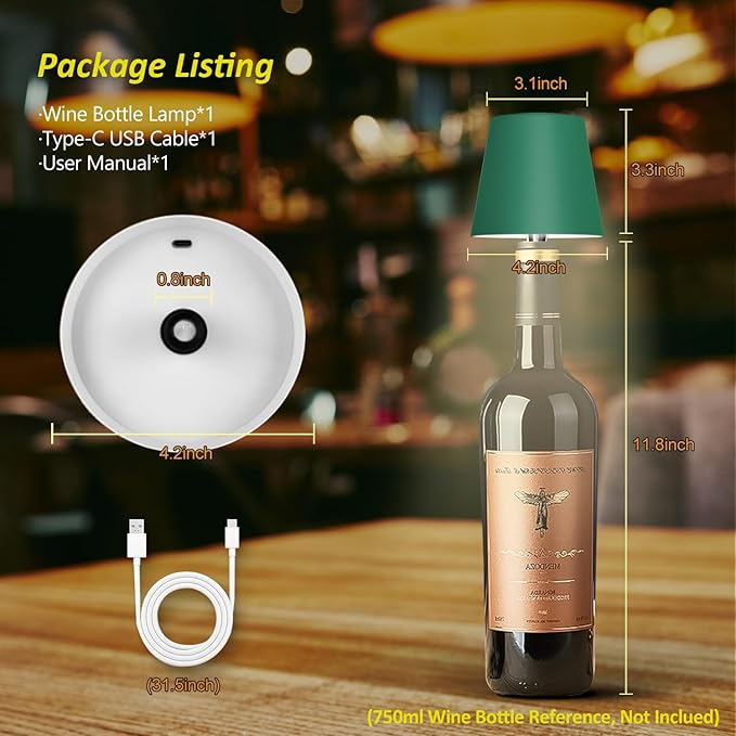 2025 New Wireless Bottle Lamp - LED Bottle Lights for Liquor & Wine Bottles, Cordless Lampshade, Whiskey Bottle Top Light, Bottle Stopper Night Light Kit, Rechargeable 3-Tone Touch-Dimmable