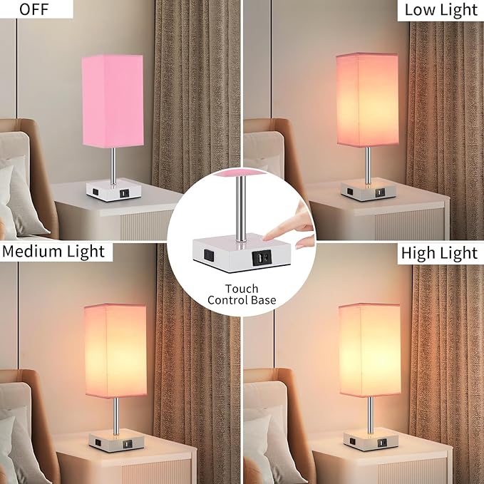 Touch Control Bedside Lamp - 3-Way Dimmable Table Lamps with USB C+A Port and Outlet, Nightstand Lamp for Bedroom Decor and Living Room,Pink