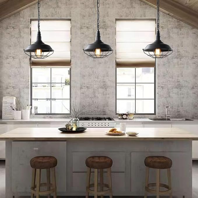 Black Pendant Light Kitchen Island 3 Pack, Farmhouse Pendant Light with Metal Wire Cage, Industrial Hanging Lights for Kitchen Sink Barn Dining Room