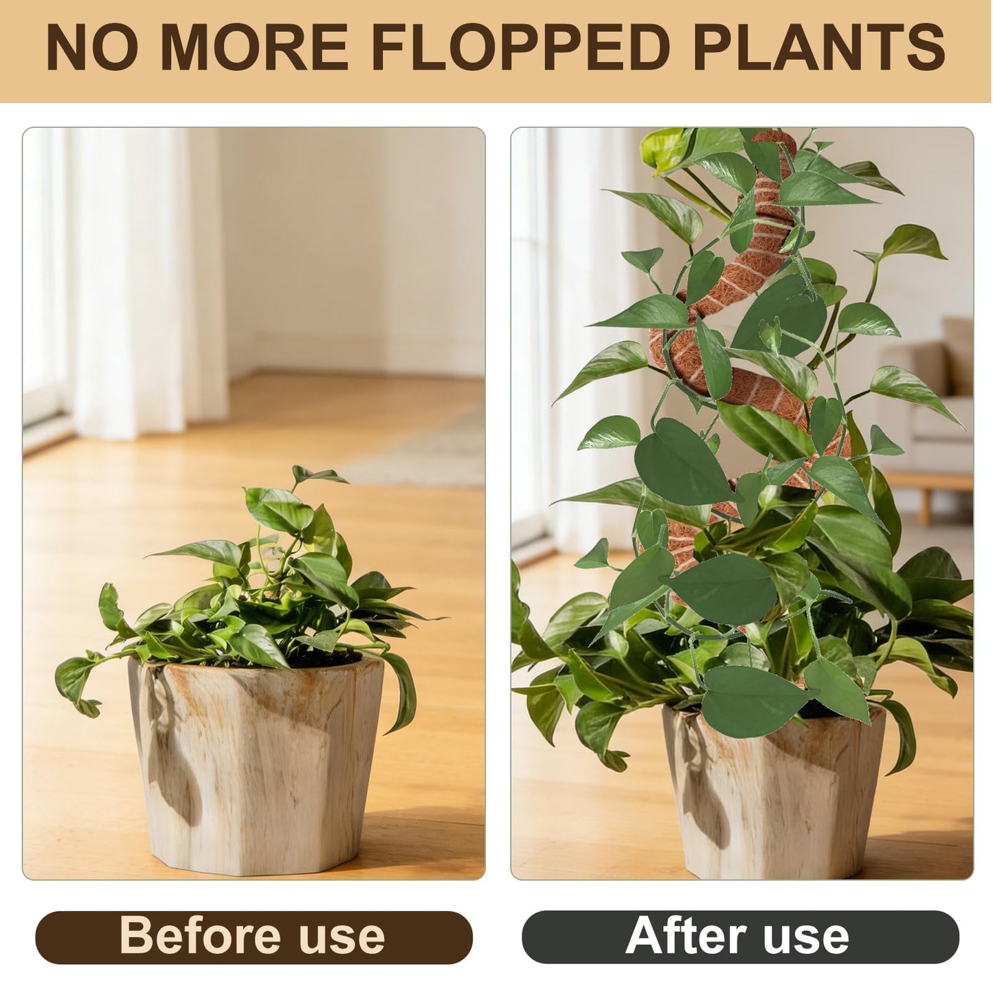 3-Pack 28 Inch Moss Pole for Climbing Plants – Natural Coir Poles with Adjustable Velcro Straps & Hemp Rope, Plant Stakes for Monstera, Pothos & Indoor Houseplants