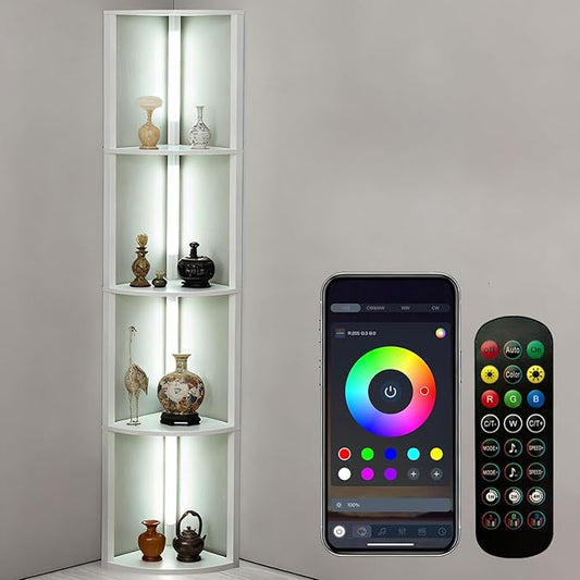 RGBCW Floor Lamp with Shelves, Smart Modern Floor Lamp with Music Sync, Color Changing Corner Display Shelf Lamp, Dimmable Standing Lamp for Living Room and Bedroom, Office, White