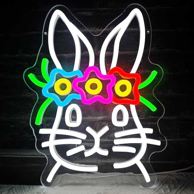 Easter Neon Sign for Wall Decor Easter Bunny Neon Sign Cute Rabbit Wearing Flower Neon Led Lights for Spring Bar Living Room Party Holiday Bedroom Gifts