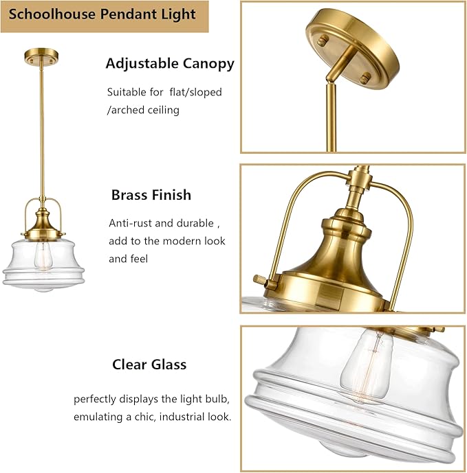 Modern Schoolhouse Pendant Light Fixtures Brass Hanging Kitchen Light with Clear Shade, E26 Light for Dining Room, Bedroom, Bathroom