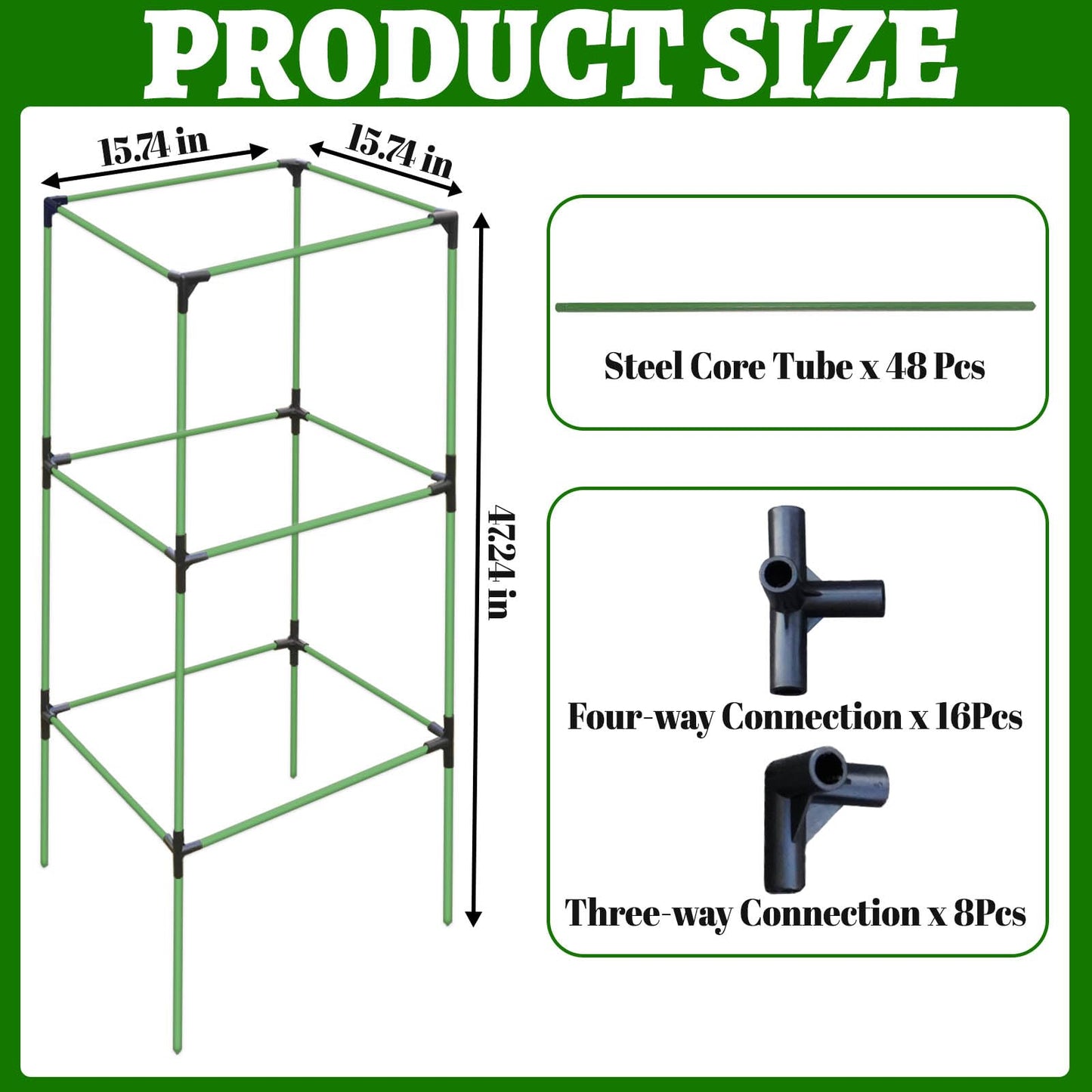 2 Pack Tomato Cages for Garden,Square Tomato Plant Cage Support Heavy Duty Pole 57*15.4*15.4 Inches,Steel Plant Tower Stakes,Cherry Tomato Trellis Cucumber for Climbing Vegetables Flowers Fruits-Green