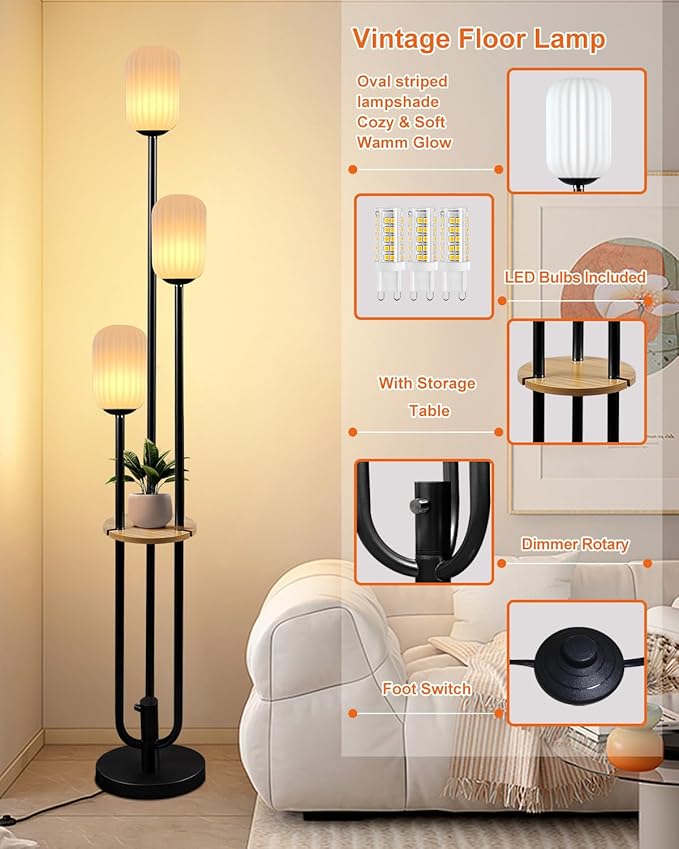 Black Dimmable Floor Lamp with Table, Modern Floor Lamps with Oval Striped Lampshade 3000K Soft Warm White 3-Lights Candle Holder Style Tall Lamp for Living Room/Bedroom