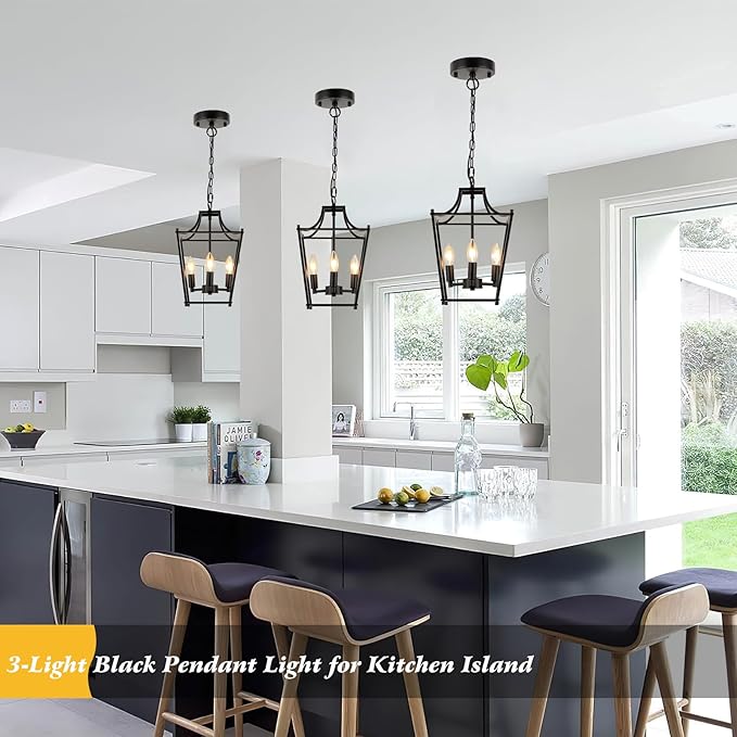 Lantern Pendant Light Black Pendant Light Fixtures 3-Light Black Lantern Pendant Lights, 9.4" Adjustable Farmhouse Pendant Lighting for Kitchen Island Dining Room Foyer
