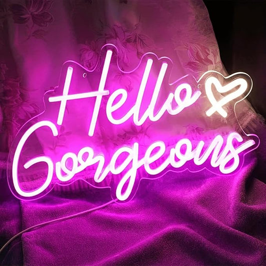Hello Gorgeous Neon Light for Wall Decor, Pink USB Powered LED Sign with Dimmable Switch, Neon Sign for Home, Wedding, Birthday Backdrop, Party (Pink02)