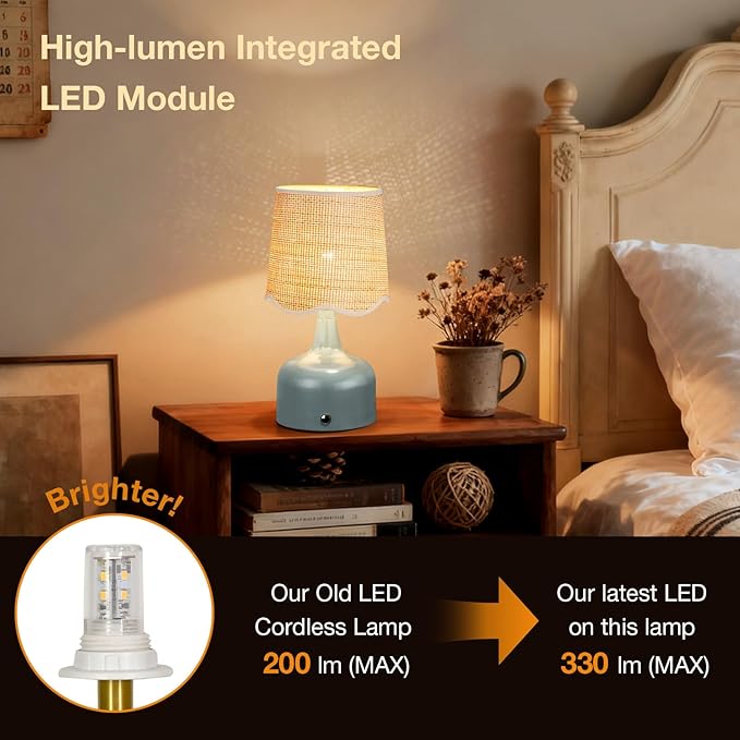 Cordless Boho Table Lamp Blue, Scalloped Wicker Shade, 5200-mAh Rechargeable Battery, 3-Way Dimmable, Build-in Integrated LED 320 Lumen Max, for Bedside Living Room