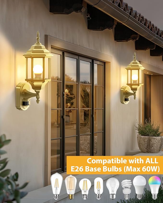Redluck Motion Sensor Outdoor Lights, 16 inch Dusk to Dawn Outside Porch Lights, Waterproof Anti-Rust Aluminum Outdoor Wall Lights Exterior Lighting Fixtures for House, Garage, Front Door, Gold