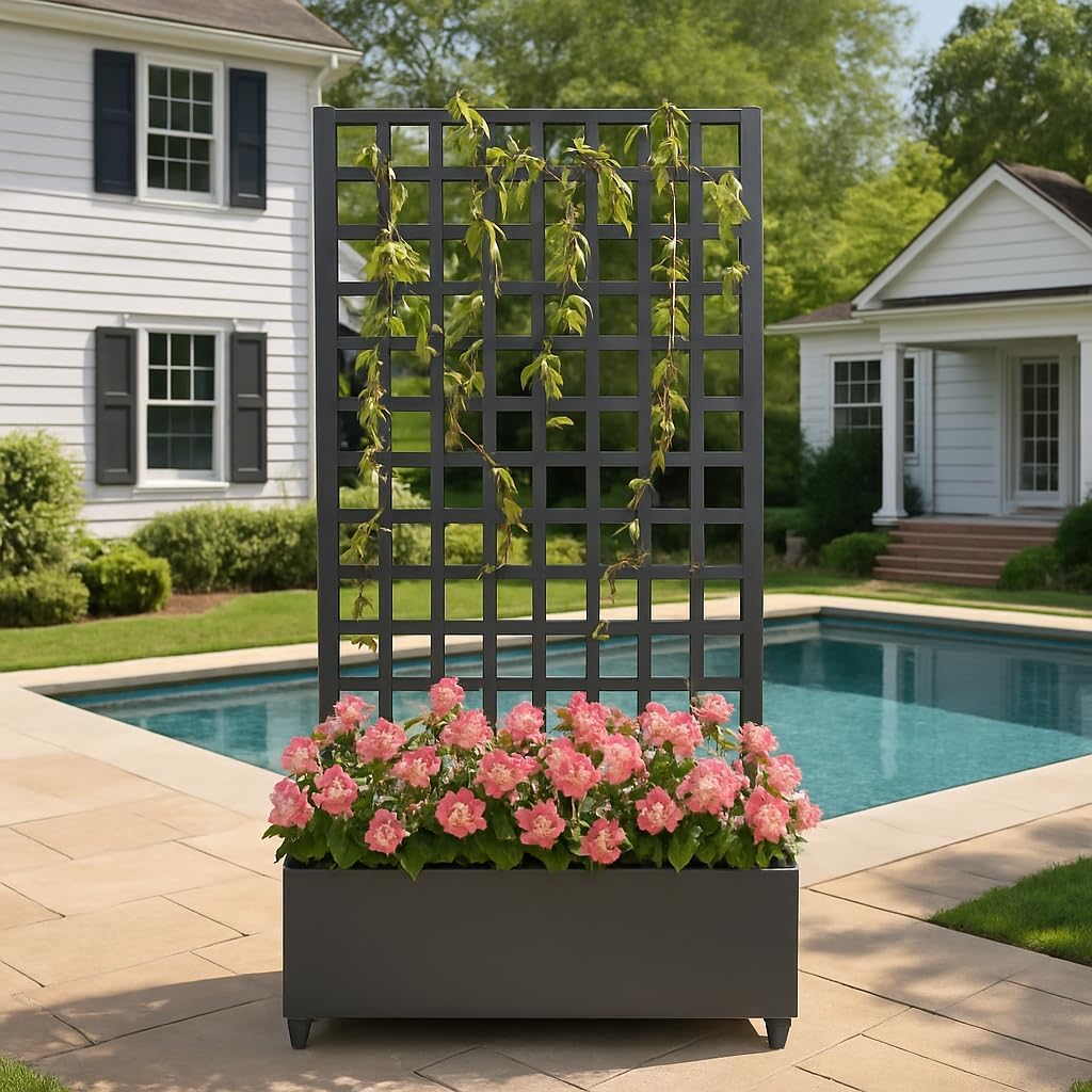 IDEALHOUSE 72"X47" Galvanized Raised Garden Bed with Square Trellis, 12" Deep Planter Box on Locking Wheels, Drainage Holes for Climbing Plants, Flowers, Patio, Balcony & Small Spaces, Black