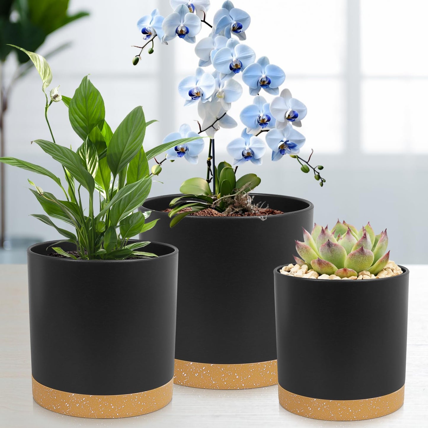 WSMKSZ 5 Pack Cylindrical Flower Pots with 7/6.5/6/5/4 inch, Modern Small Plastic Plant Pots with Drainage Holes & Saucers, Round Planter Pots for Outdoor, Indoor & Office Decor (Black Brown)