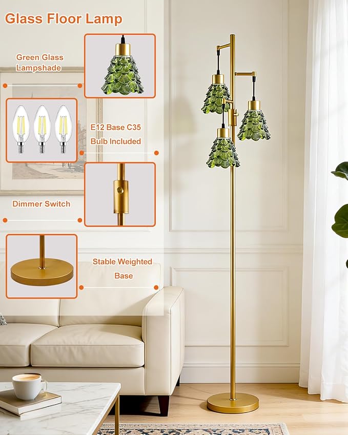 Lightdot 65" Glass Floor Lamps for Living Room, 3-Light Dimmable Floor Lamp with Green Glass Shade& E12 Bulbs Included, Mid Century Standing Tall Lamp for Bedroom/Sofa Beside/Corner Decor-Gold