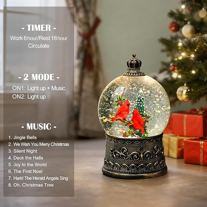 Cardinal Snow Globe Christmas Snow Globes Lantern, Lighted Christmas Decorations Indoor for Home with Music Timer Swirling Glitter, Light Up Musical Cardinals Decor, USB or Battery Operated