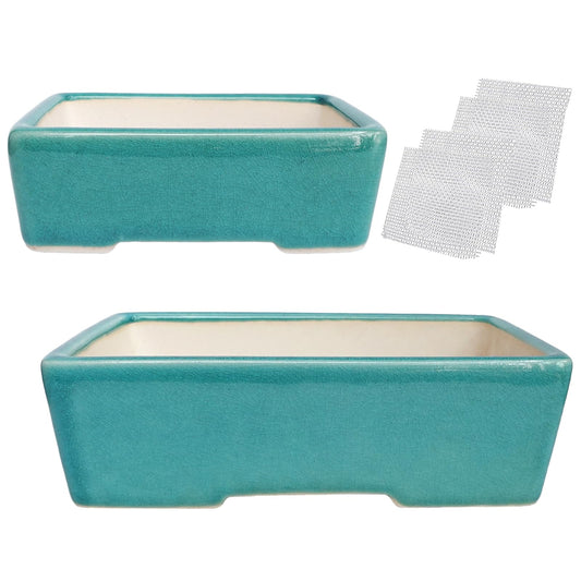 Set of 2 Zisha White Clay Bonsai Pot Glazed Shallow Succulent Planter Blue