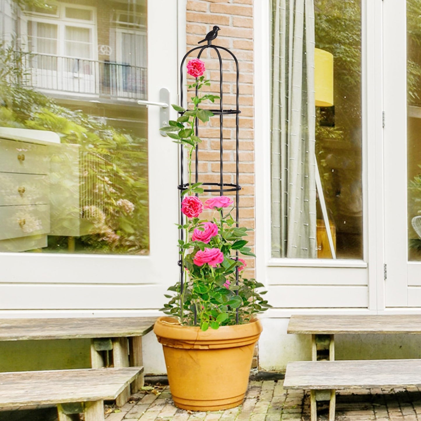 FOLLOOK Garden Obelisk Trellis for Climbing Plants Outdoor, Lightweight Climbing Plant Support Flower Roses Clematis Vegetable Light Vines Round Trellis for Raised Garden Bed Planter, Black, 1 Pack