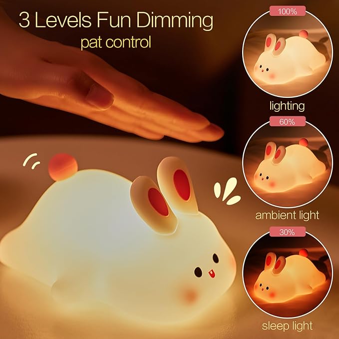 Cute Bunny Night Light, Squishy Rechargeable Bunny Lamp Kids Easter Gift, Big Face Rabbit Decor, Mom or College Girl Gifts, Dimmable Bunnies, Nursery Touch Nightlight, Safe Silicone