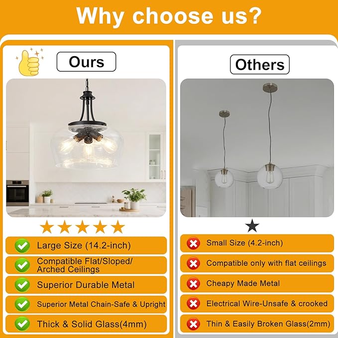 Modern Pendant Lights Kitchen Island, 3-Light Black Pendant Light Fixtures with 14.2" Clear Air Bubble Glass Shade, Industrial Hanging Pendant Lights Fixture for Kitchen Island, Dining Room, Entryway