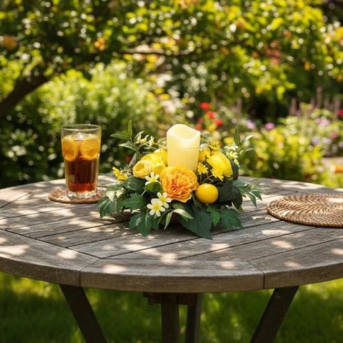 17 Inch Lemon Floral Centerpiece | Skiennix Glass Hurricane Candle Holder & Yellow Peony Wreath for Dining Table Decor