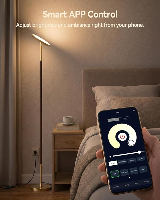 JOOFO Wood Torchiere Floor Lamp, Super Bright Stepless Dimmable LED Uplight Standing Lamp with Remote Adjustable Color Temperature 3000K–6500K with Timer for Living Room Bedroom Office Reading
