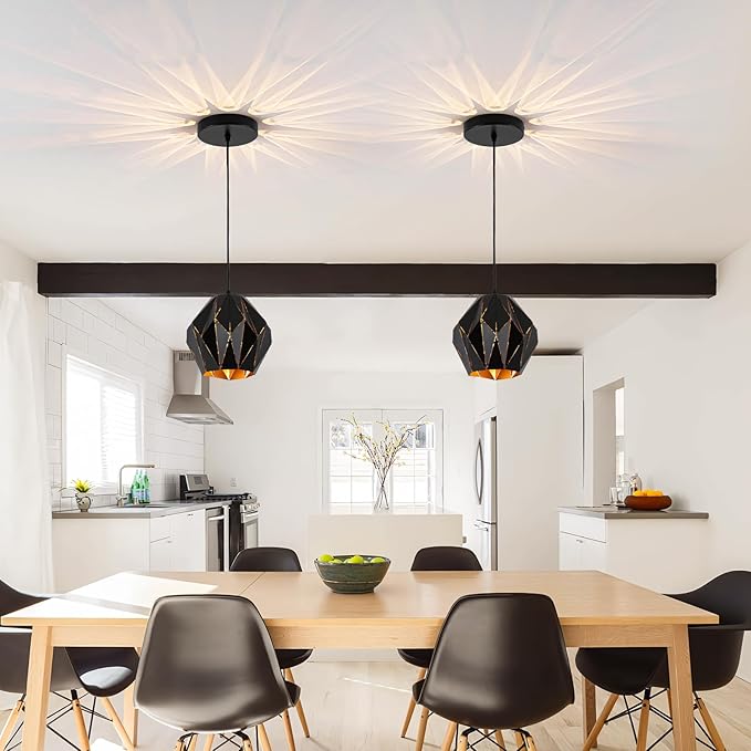 Industrial Pendant Lights Kitchen Island,Black Hanging Lighting Fixture with Metal Geometric Diamond Shade Vintage Ceiling Chandelier Pendant Lamp for Dining Living Room Bedroom 1 Light