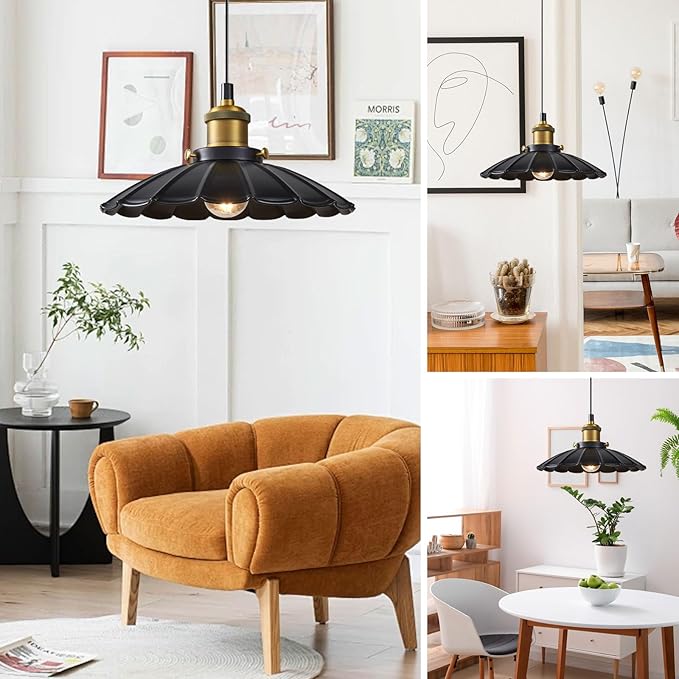 2Pack Black Pendant Light, 9.8 Inch Retro Hanging Lamp for Bedroom, Glossy Hanging Kitchen Lights Living Room 6.5Ft Height Adjustable Indoor Pleated Pendant Light