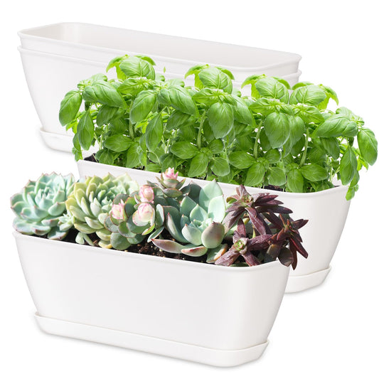 Oliz 4-Piece White Rectangular Window Sill Planters with Drainage Holes and Trays (11 Inches) for Basil, Orchids, and Succulents Modern Herb Garden Planters Suitable for Indoor/Outdoor Plants