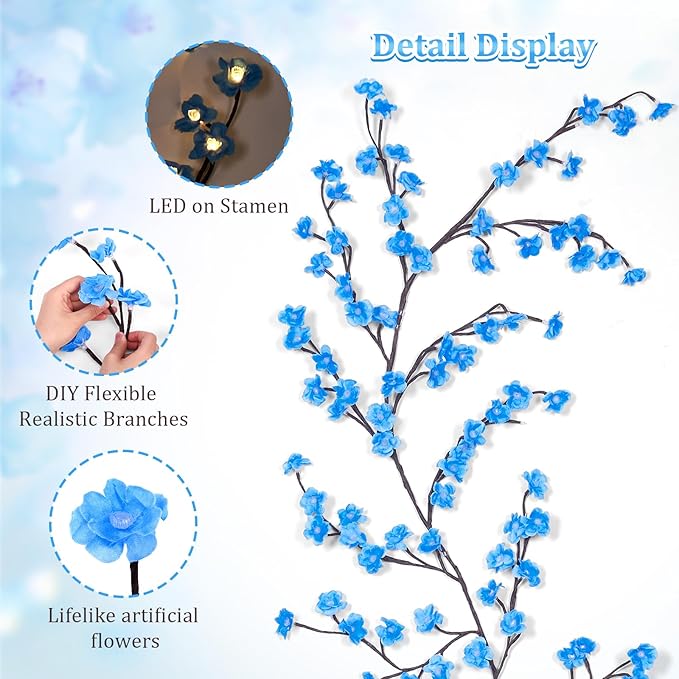 Blue Cherry Enchanted Willow Vine Lights,4FT 48 LED Cherry Blossom Lights with Remote Timer,8 Lighting Modes,LED Tree Branch Light for Wall,Cherry Blossom Wall Decor for Bedroom Living Room Windows