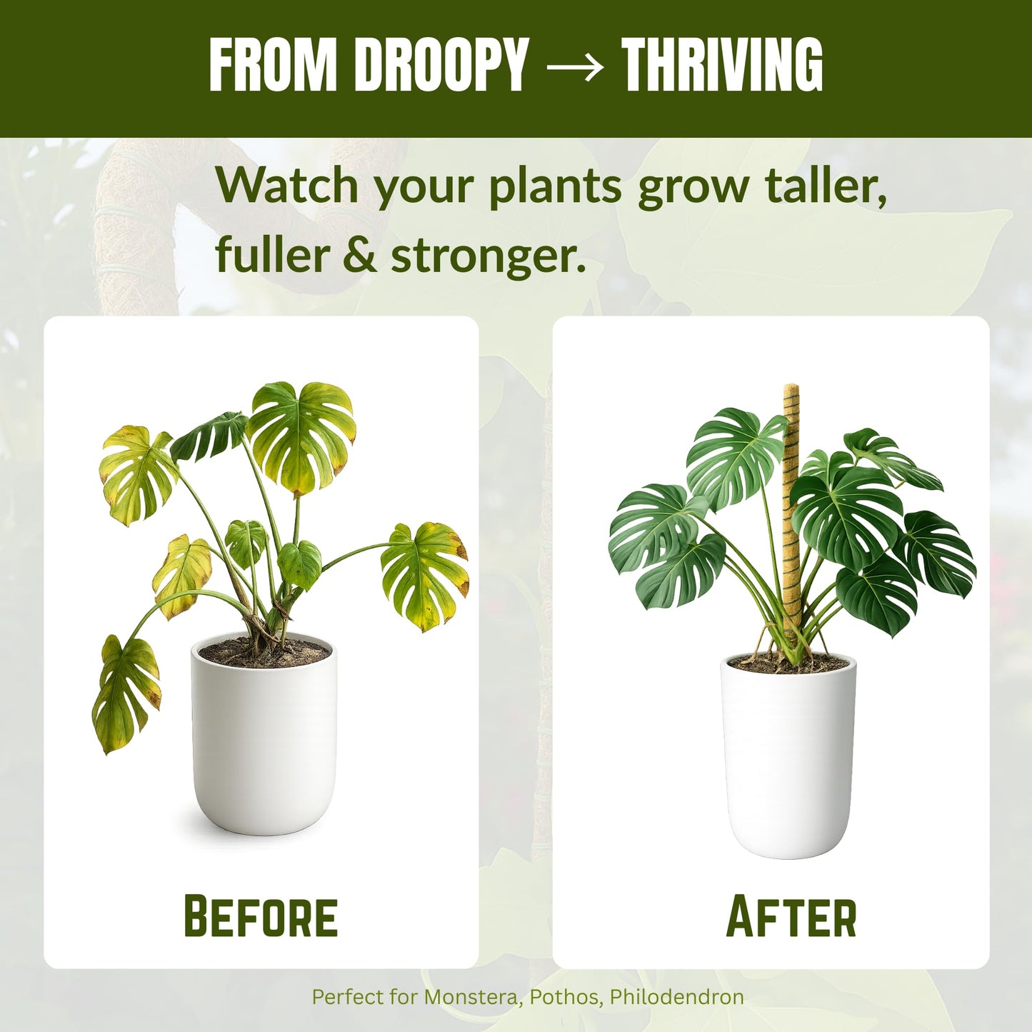 Moss Pole for Monstera, 2 Pack 48” Coco Coir Plant Support Pole for Climbing Plants with Flexible 5mm Aluminum Core, Plant Stake for Pothos & Philodendron, Monstera Support – Velcro & Jute Rope
