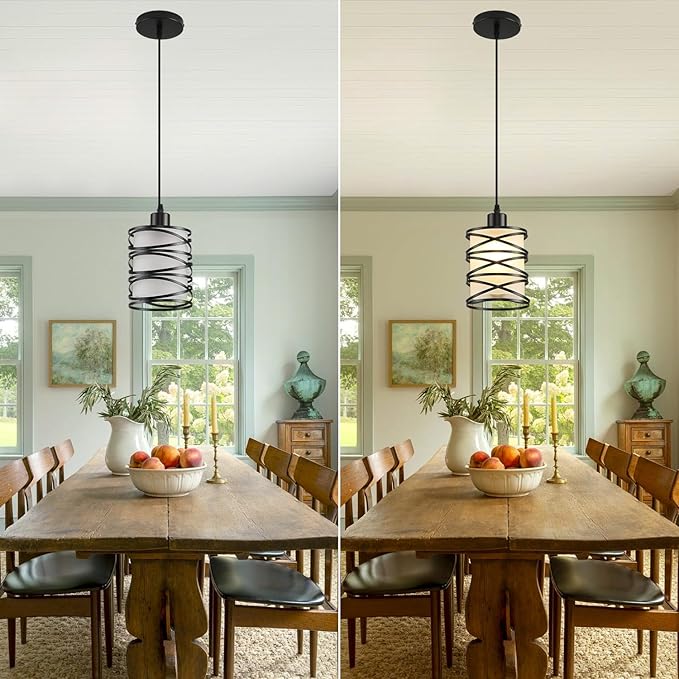 2 Pack Pendant Light Kitchen Island Pendant Lighting, Hanging Light with Spiral Cage Frosted Glass Shade, Black Modern Indoor Hanging Lamp