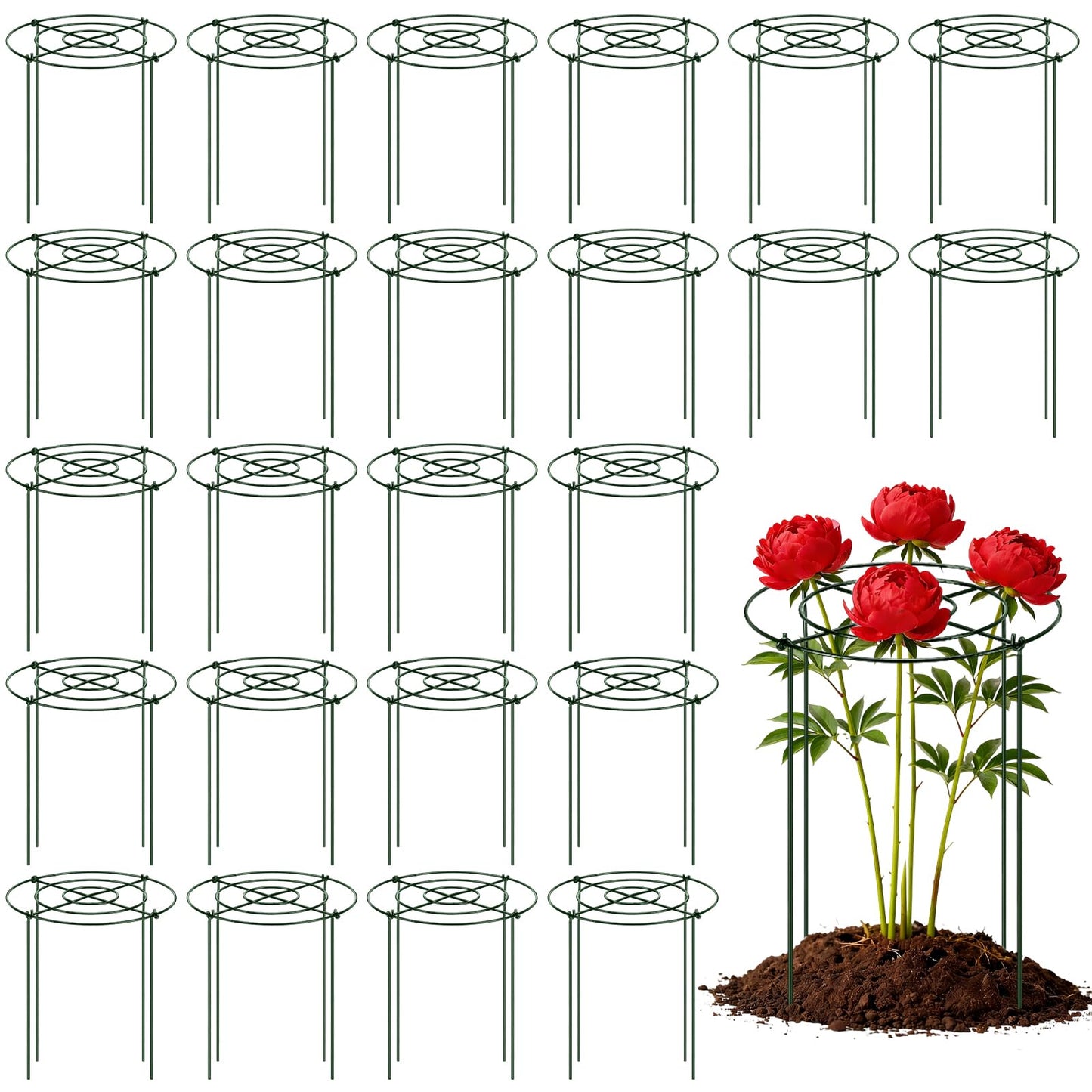 Geelin 24 Pack Peony Cages Bulk 12 x 16'' Peony Cage and Supports for Outdoor Plants Grow Through Heavy Duty Metal Plant Supports Frame Rings Hoops 4 Legs for Flowers Tomato Rose Hydrangea Strawberry