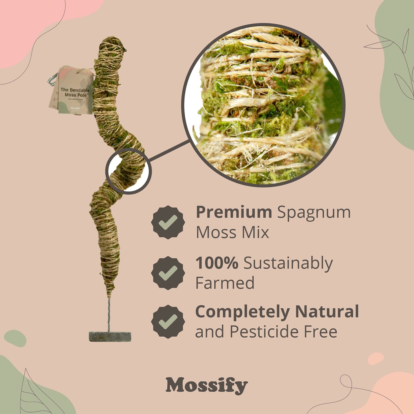 Mossify Bendable Moss Pole 42'' Monstera Plant Support for Climbing Indoor Plants - 100% Sustainably Farmed Moss Pole for Plants Indoor Growth - Flexible Handmade Sphagnum Plant Poles Support