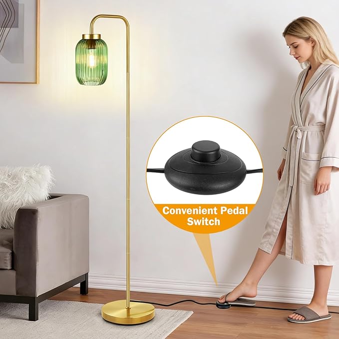 Mid Century Modern Gold Floor Lamp with Green Ribbed Glass Shade, Foot Switch, Vintage Standing Lamp for Bedroom, Living Room, Office (Bulb Not Included)