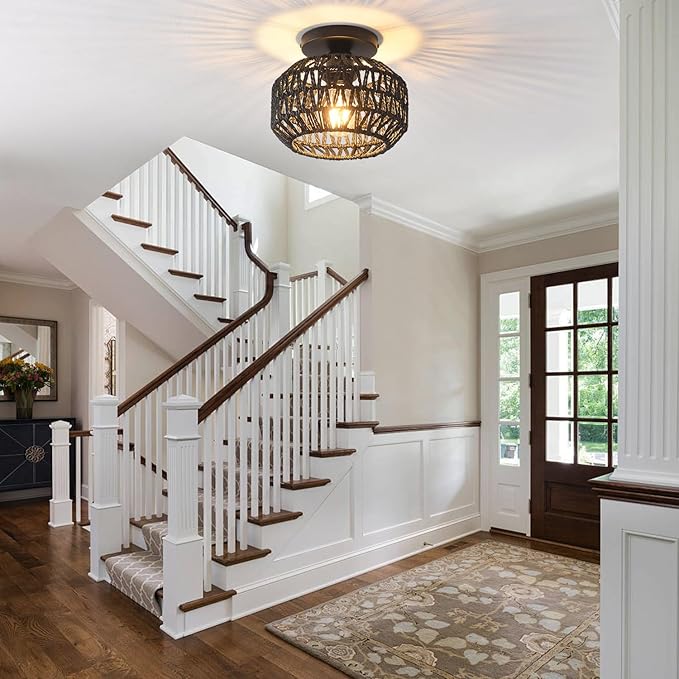 1 Pack Farmhouse Light Fixtures Ceiling Mount,Black Mini Rattan Boho Semi Flush Mount Ceiling Light,Hand Woven Hallway Light Fixtures for Bedroom Entryway