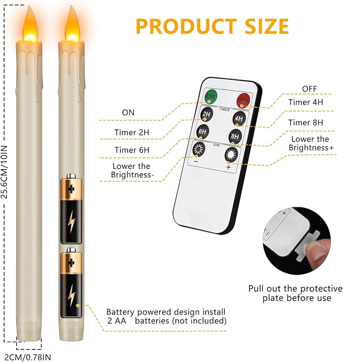 Flameless Taper Candles 10" Dripless Battery Operated Taper Candles Included Remote Timer 400+ Hours by 2AA Batteries for Halloween Christmas Wedding (Ivory Drip, 24 Pack)