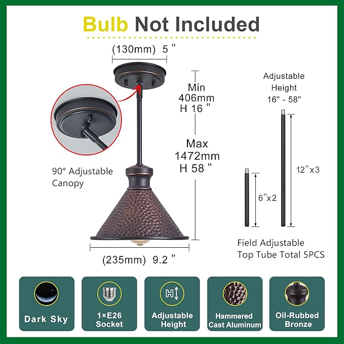 Max 58”Ht Adjustable Tube Mini Pendant,Vintage Hammered Pattern Cast Aluminum Shade,1-E26 Classic Lamp,Oil Rubbed Bronze Farmhouse Hanging Light for Kitchen Island,Entryway,Dining Room.
