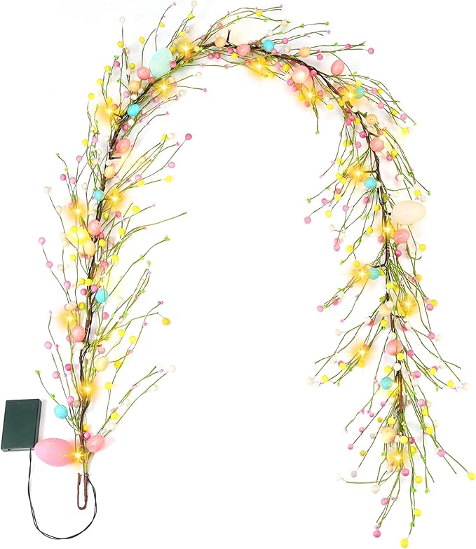 6 Foot Easter Egg Garland-Easter Garland with Lights Colorful Berry Battery Operated Auto Timer for Spring Summer Holiday Party Office Decoration