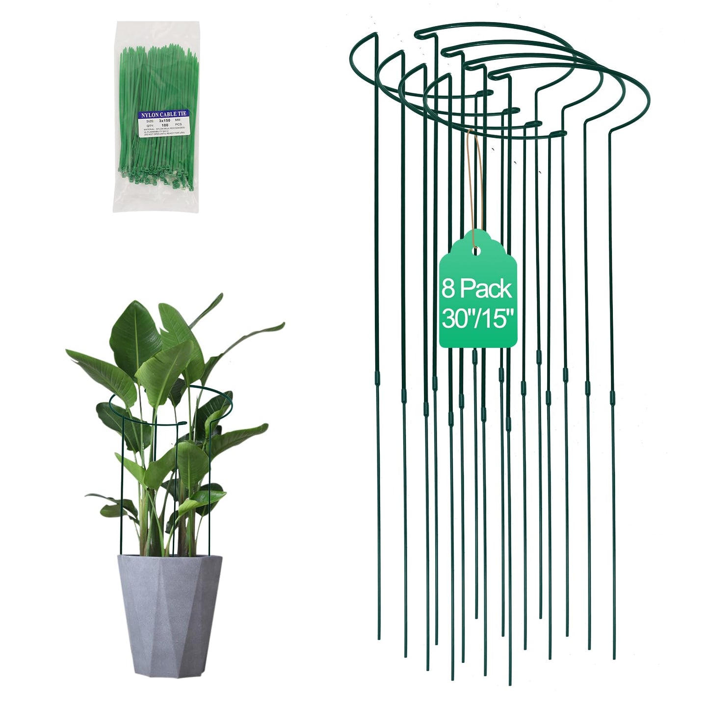Tall Heavy-Duty 30in Plant Support Stakes - 8 Pack Adjustable Peony Cages & Supports for Outdoor Plants, Half-Round Garden Stakes for Hydrangea, Roses with Extension Stakes