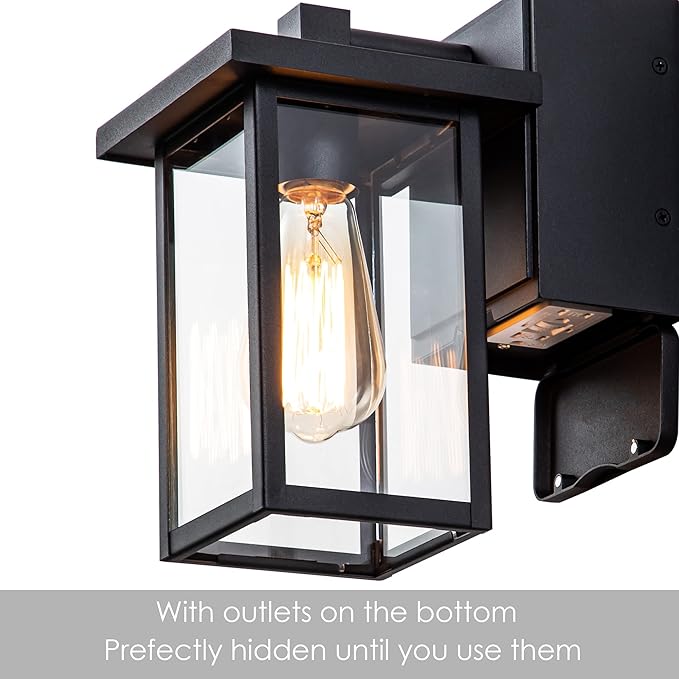 Porch Lights with GFCI Outlet, Black Outdoor Light Wall Mount, Waterproof Exterior Light Fixture with Outlet, Wall Sconce for House, Garage, Patio