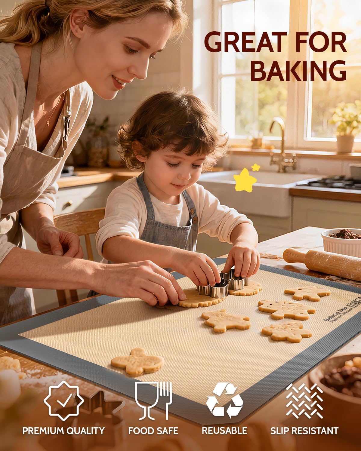 Sopito Silicone Baking Mat - Non-Stick, Food Safe & Reusable | 5-Piece Set for Half & Quarter Sheet Trays, Grey