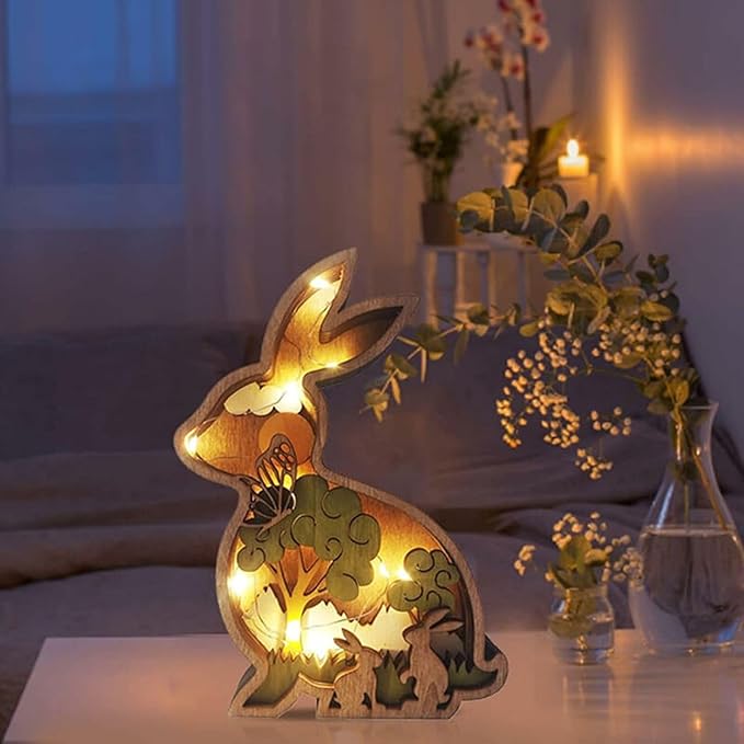 Drawelry 3D Wooden Animals Carving Home Decorative - Creative Wood Carved Lamp Farmhouse Wooden Animals Sculpture Ornaments Easter Birthday Gifts for Family Friend Son Dad (Rabbit, with Light)