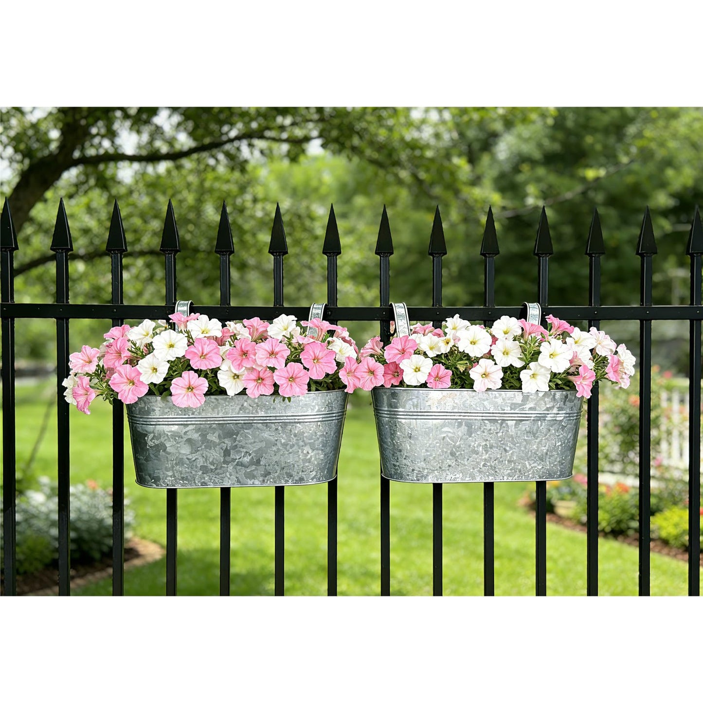 Joyfernal Balcony Galvanized Hanging Planters Railing Flower Pots, Outdoor Metal Fence Planter Pot with Detachable Hooks Drain Hole for Garden Patio Yard Decor (17 Inch, 4Pcs)