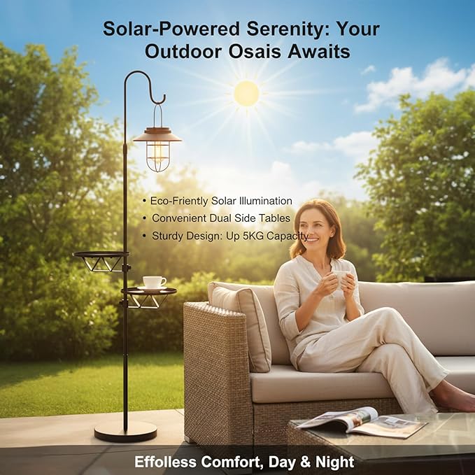 Kirschblüte Solar Floor Lamp with Table, 60" Outdoor Shepherd Hook with Solar Lantern, Waterproof Metal Side Table for Patio, Heavy Duty Solar Pole Light for Garden, Deck, Porch and Backyard Decor