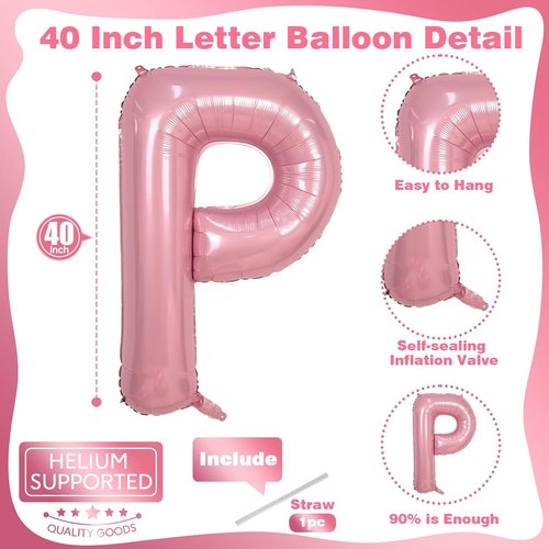 Giant Letter P Foil Balloon - 40 Inch Pastel Pink Inflatable Alphabet Decor for Baby Showers & Parties