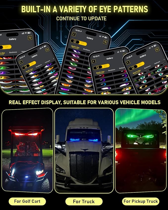 LED Devil Eye Lights for Windshield 23"x5"[2PCs], Dual Screen Sync with APP & Remote Control, Windshield Eyes Animated, 5V-USB Powered, Programmable Evil Eyes for Car Truck RV Front Window