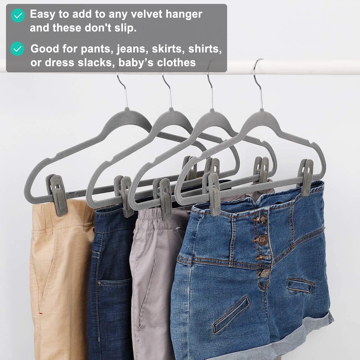 TOFIIGREM Grey Velvet Clips - 20 PCS Non-Slip Clips for Slim Velvet Hangers | Ideal for Pants and Clothes