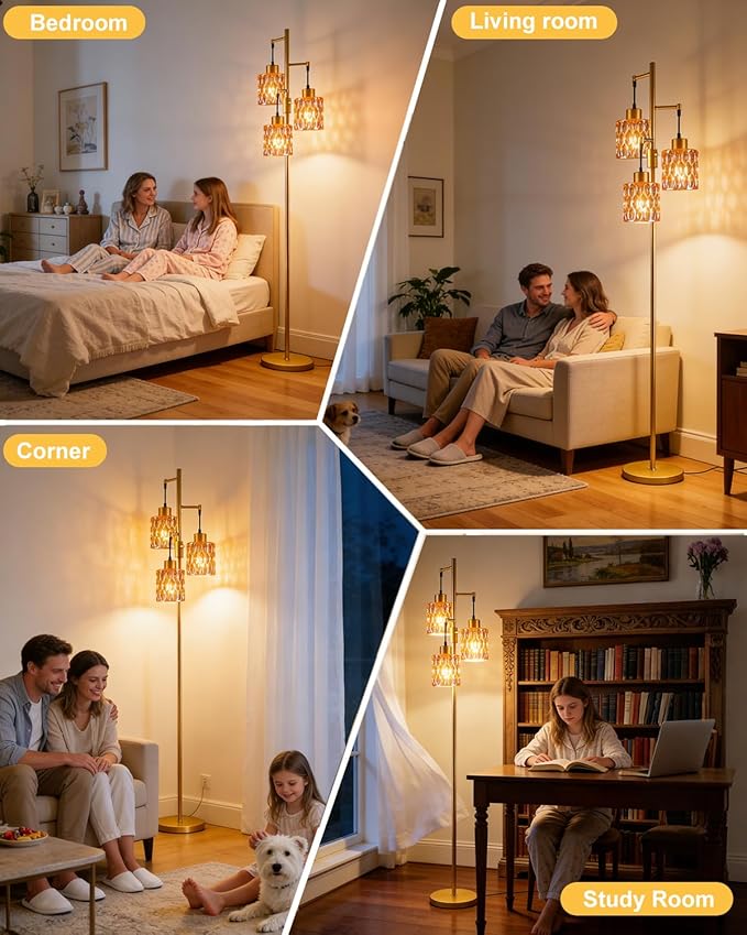 Lightdot 67" 3-Light Glass Floor Lamps for Living Room, Dimmable Floor Lamp with Brown Glass Shade& E12 Bulbs Included, Mid Century Standing Tall Lamp for Bedroom/Sofa Beside/Corner Decor-Gold
